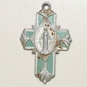 Vintage‎ Miraculous Medal On A Silver And Green Cross Pendant Charm #C014